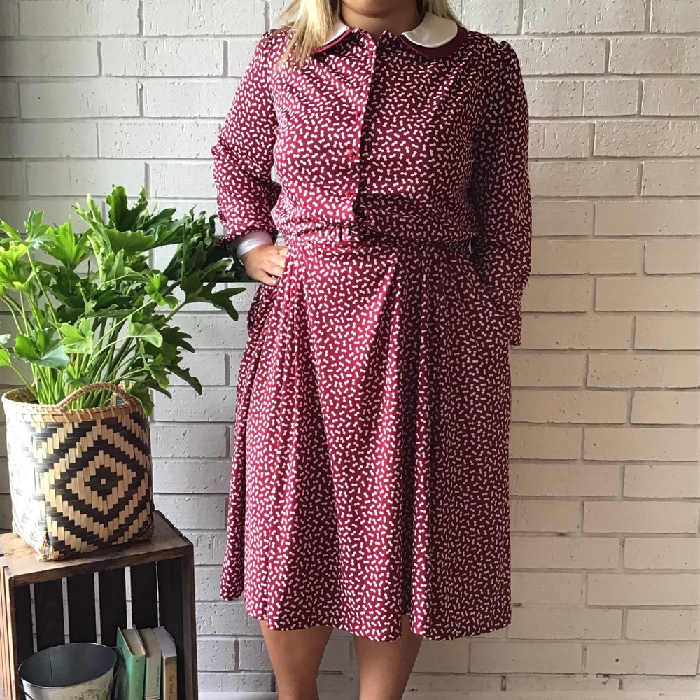 SEARS Vintage Shirtdress Maroon & White Long Sleeve Midi length
